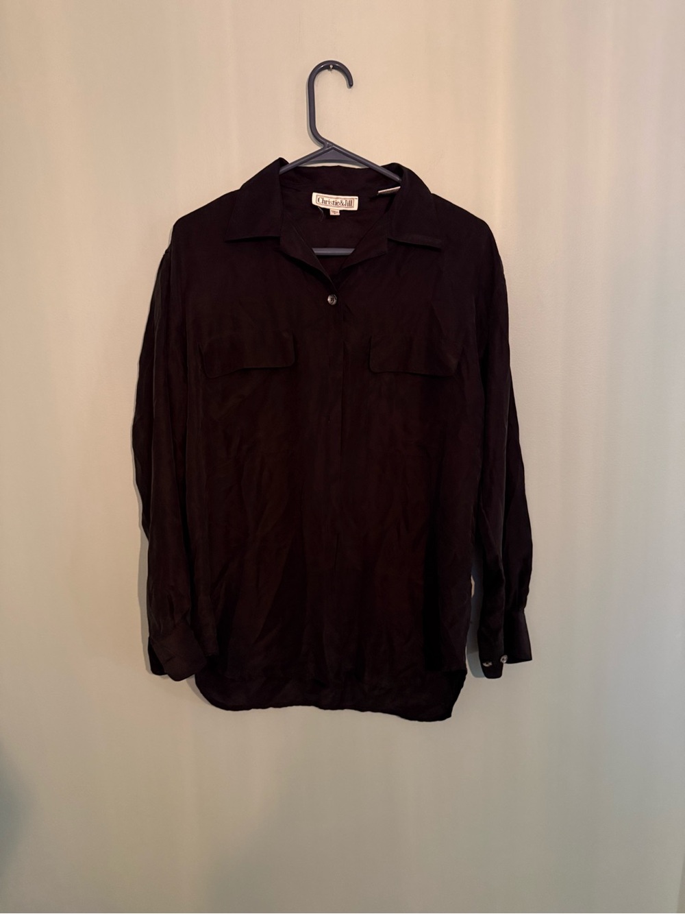 Black Long-Sleeve silk Utility Shirt Blouse